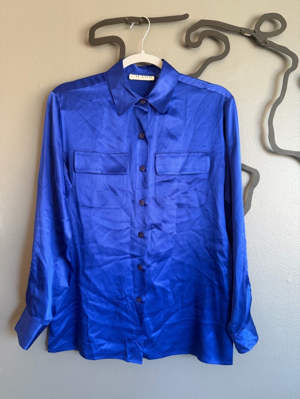 CHAUS 100% silk Button-Up Blouse in Royal Blue